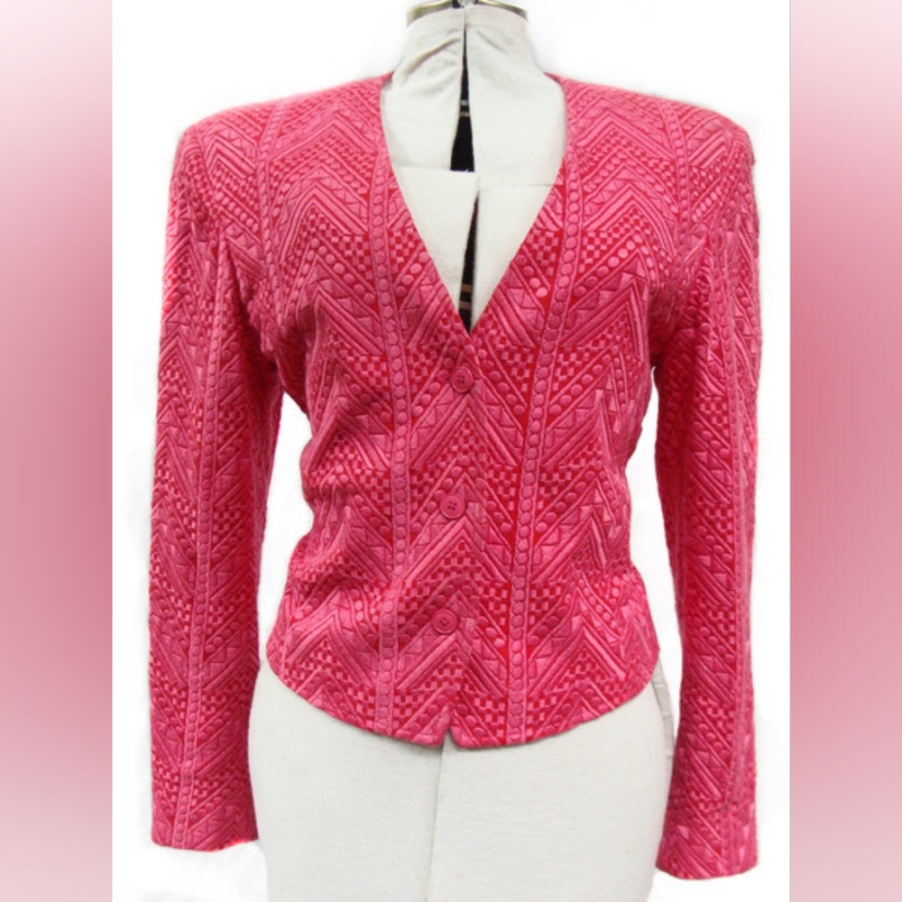 Kenzo Paris Bright Pink Embroidered Fitted Blazer Jacket, 100% Cotton-Size 36/ 6